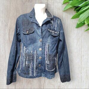 Chico's Embellished Distressed Frayed Denim Jacket Size Small
